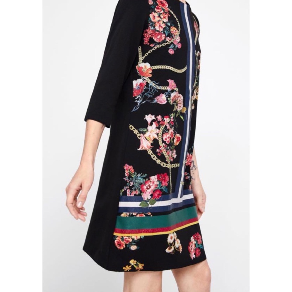 ZARA • Black/Multi Floral and Chain Print Mini Dress, S - Picture 2 of 14